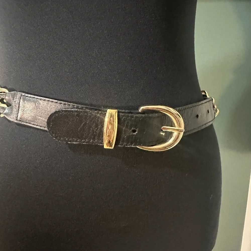 St. Michael Vintage Black Leather Belt with Gold Buckle and Chain
